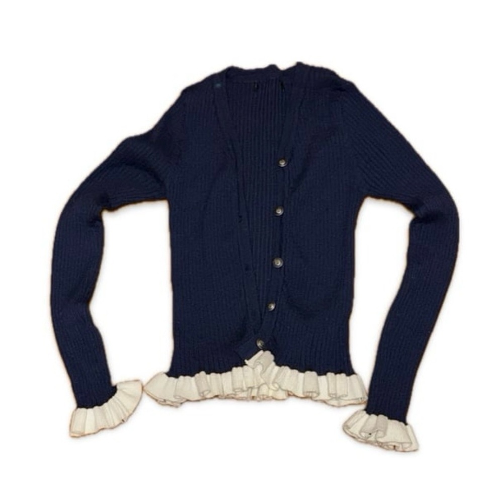 Navy Ribbed Cardigan w Cream Ruffle Trim - Picture 3 of 5